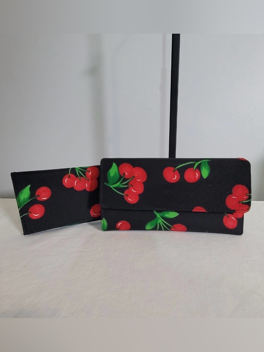 Black Canvas Cherry Print Wallet Checkbook Cover Set Women's Clutch Purse